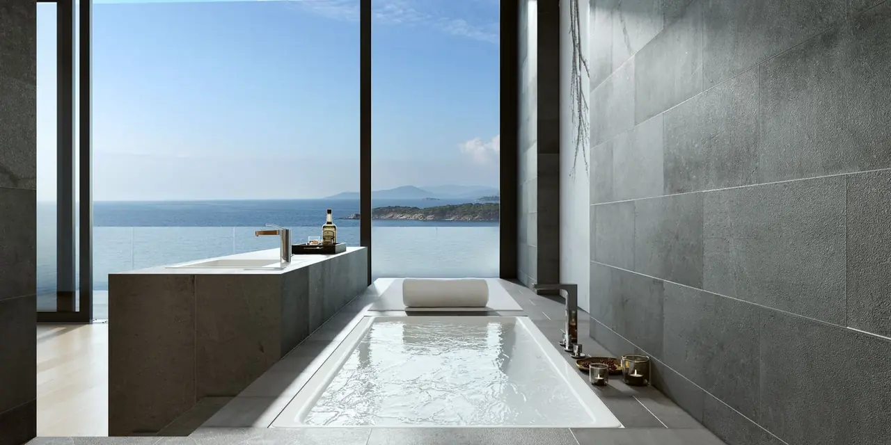 Luxurious minimalist bathroom with scenic view