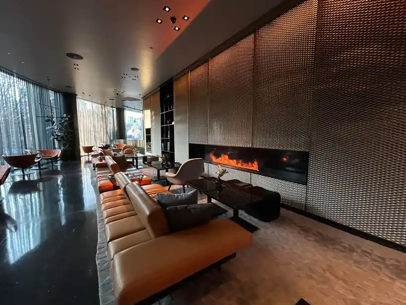Warm lounge interior with fireplace